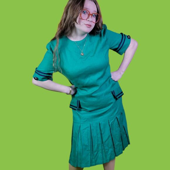Vintage Cynthia Howie Green Nautical Sailor Dress, Drop Waist Pleated, 14 - Picture 1 of 6